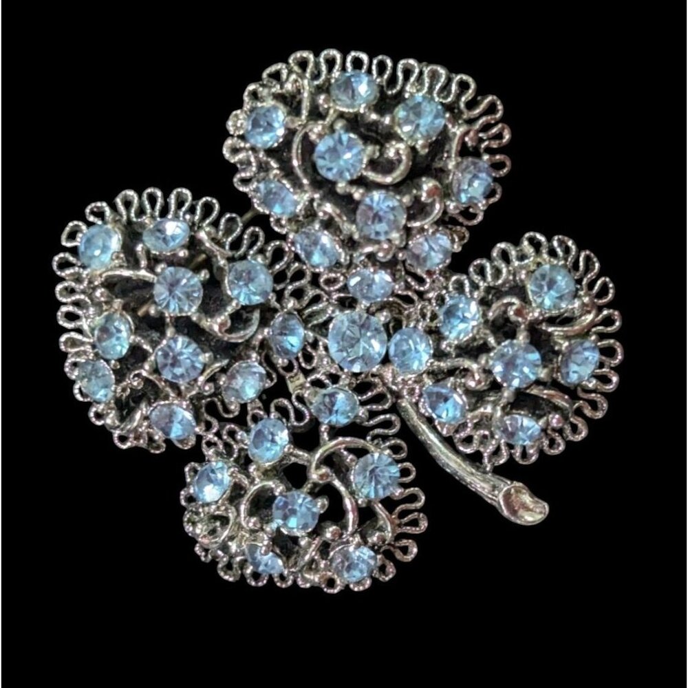 Vintage Rhinestone Clover Brooch Pin -‎ Silver Tone Blue Gems Luck & Sparkle!